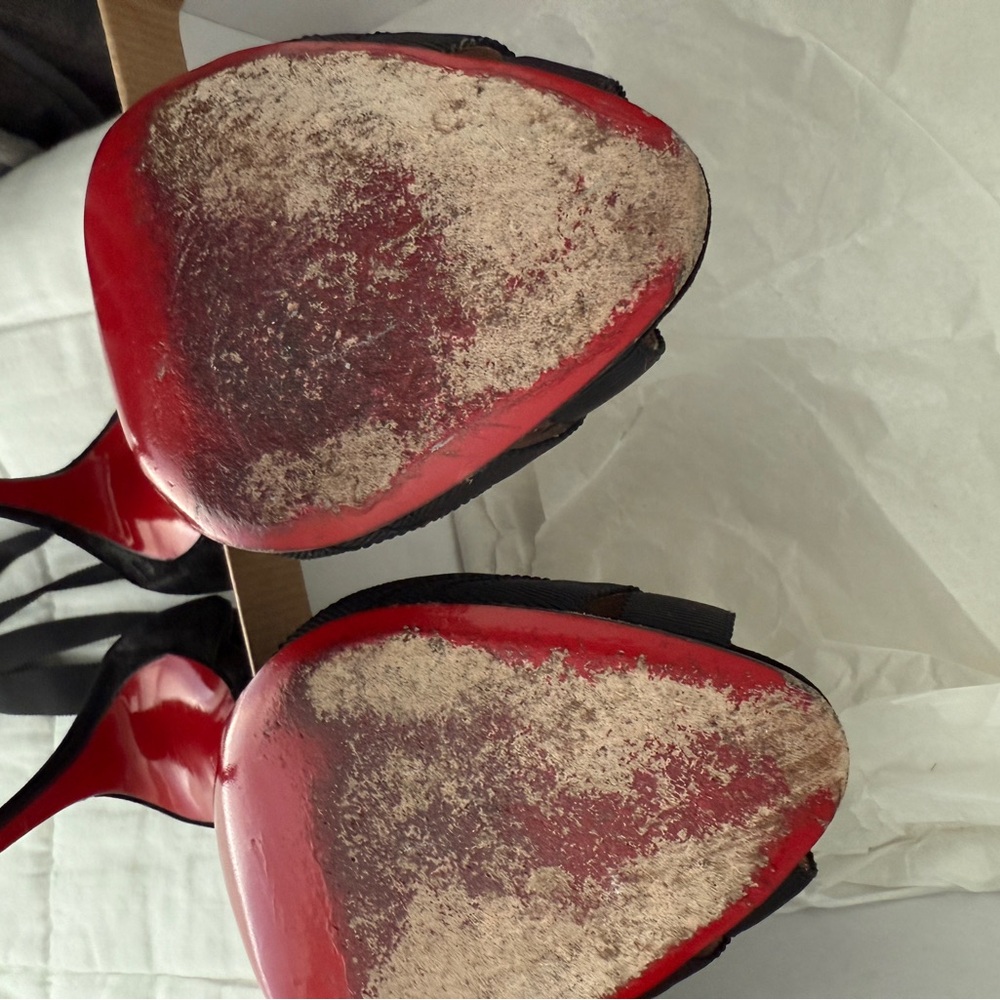 Christian Louboutin Black Peep-Toe ribbon-strapped Heels - Picture 11 of 13